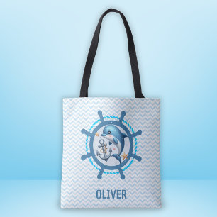 Nautical Cute Dolphin & Anchor in Ship Wheel Tote Bag