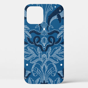 Nautical damask texture with whales, modern vintag iPhone 12 case