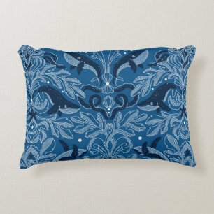 Nautical damask texture with whales, modern vintag decorative cushion