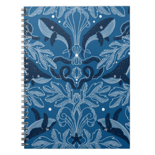 Nautical damask texture with whales, modern vintag notebook