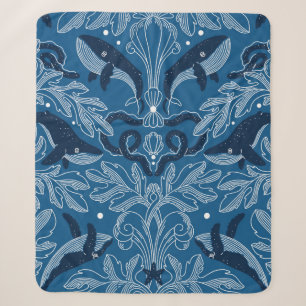 Nautical damask texture with whales, modern vintag sherpa blanket
