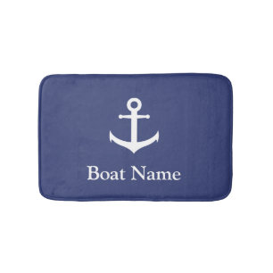 Nautical Dark Blue and White Anchor with Boat Name Bath Mat
