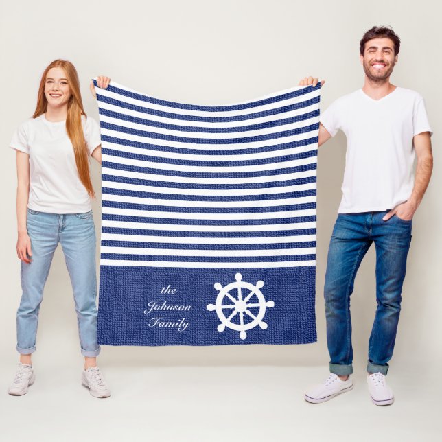 Nautical Dark Blue and White Stripes Fleece Blanket (In Situ)
