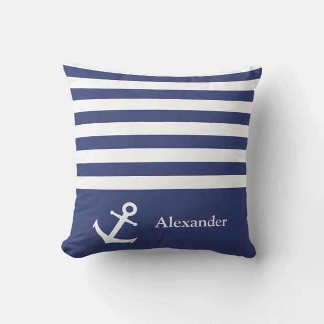 Nautical Dark Blue and White Stripes Name Anchor Cushion (Front)