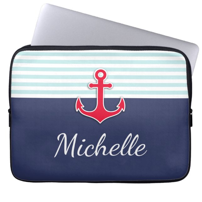 Nautical Dark Blue Red Design Custom Name Laptop Sleeve (Front)