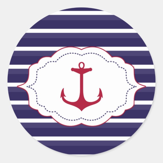 Nautical Dark Blue White Stripes Red Anchor Classic Round Sticker (Front)