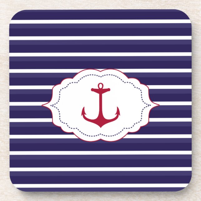 Nautical Dark Blue White Stripes Red Anchor Coaster (Front)