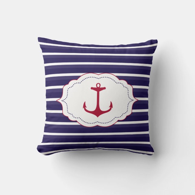 Nautical  Dark Blue  White Stripes Red Anchor Cushion (Front)
