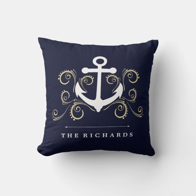 Nautical Dark Blue with Anchor and Gold Swirls Cushion (Front)