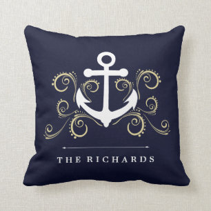 Nautical Dark Blue with Anchor and Gold Swirls Cushion