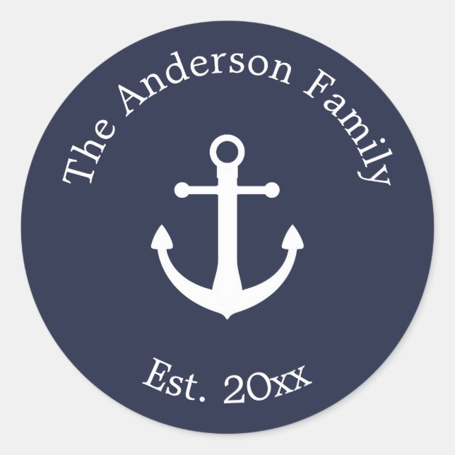 Nautical Dark Blue with White Anchor & Text Classic Round Sticker (Front)