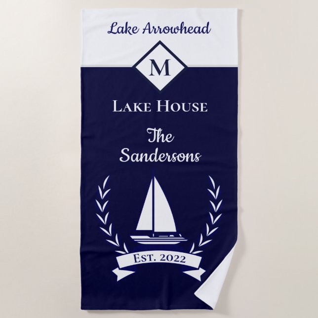 Nautical Dark Navy Blue White Monogram Lake House  Beach Towel (Front)