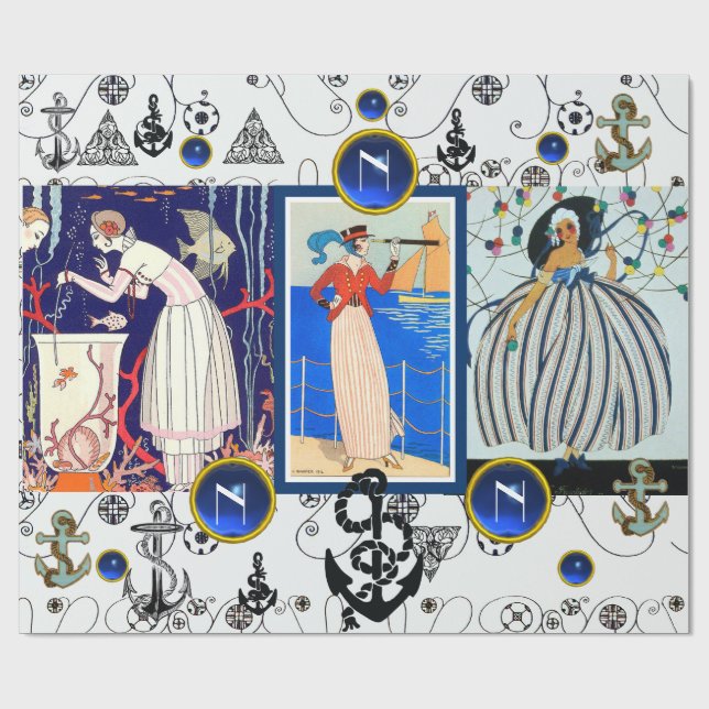 NAUTICAL DECO BEAUTY FASHION BLUE GEM MONOGRAM WRAPPING PAPER (Flat)