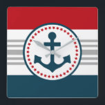Nautical design square wall clock<br><div class="desc">Nautical design with anchor decoration in round shape on blue,  red,  grey and white striped background</div>
