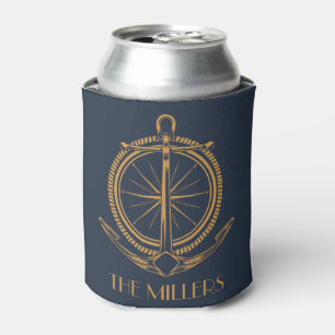 Nautical design with gold compass and anchor can cooler