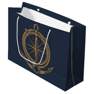 Nautical design with gold compass and anchor large gift bag