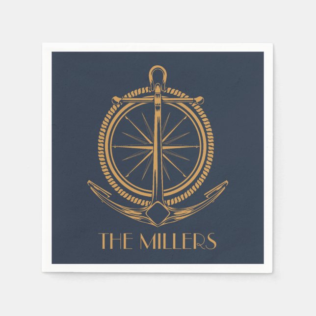Nautical design with gold compass and anchor napkin (Front)