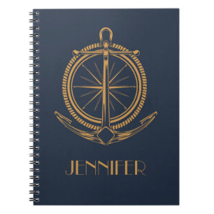 Nautical design with gold compass and anchor notebook