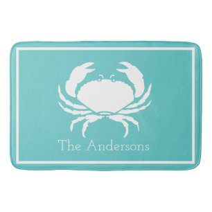 Nautical design with White Crab on Teal Blue Bath Mat
