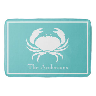 Nautical design with White Crab on Teal Blue Bath Mat