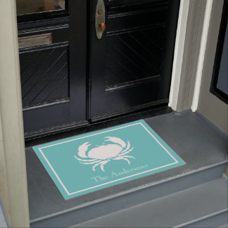 Nautical design with White Crab on Teal Blue Doormat