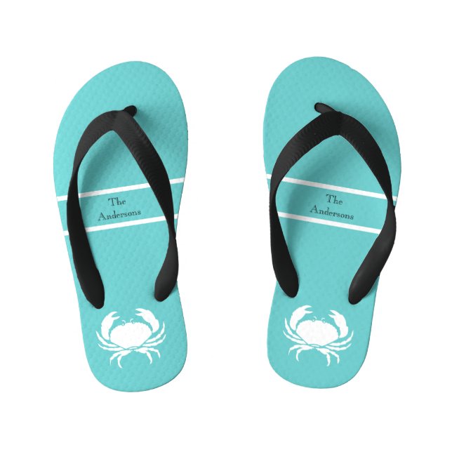 Nautical design with White Crab on Teal Blue Kid's Thongs (Footbed)