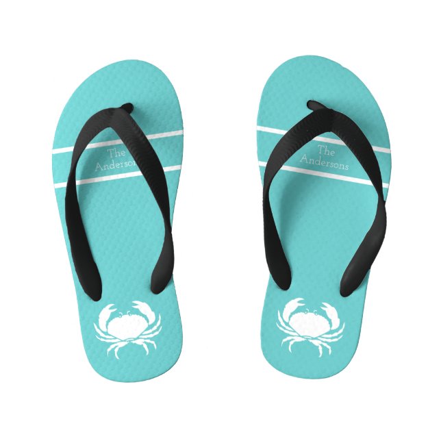 Nautical design with White Crab on Teal Blue Kid's Thongs (Footbed)