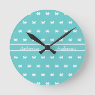 Nautical design with White Crab on Teal Blue Round Clock