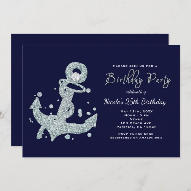 Nautical Diamond Anchor BIRTHDAY PARTY Invitations (Front/Back)