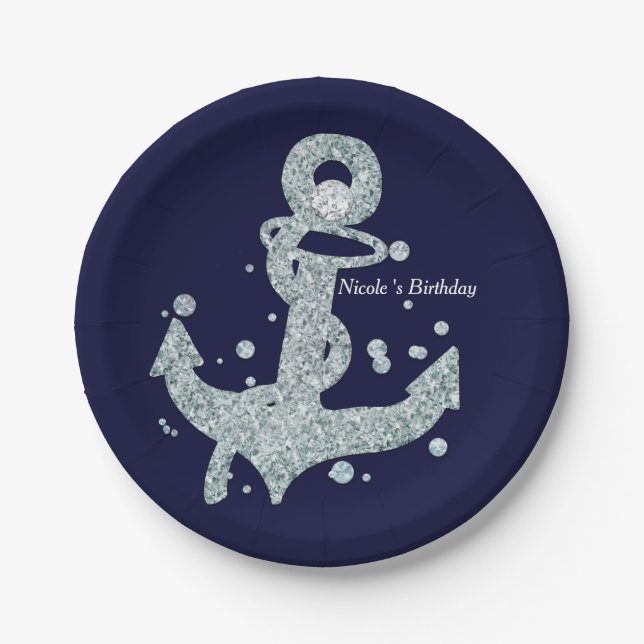 Nautical Diamond Anchor Bling Glam Beach Party Paper Plate (Front)