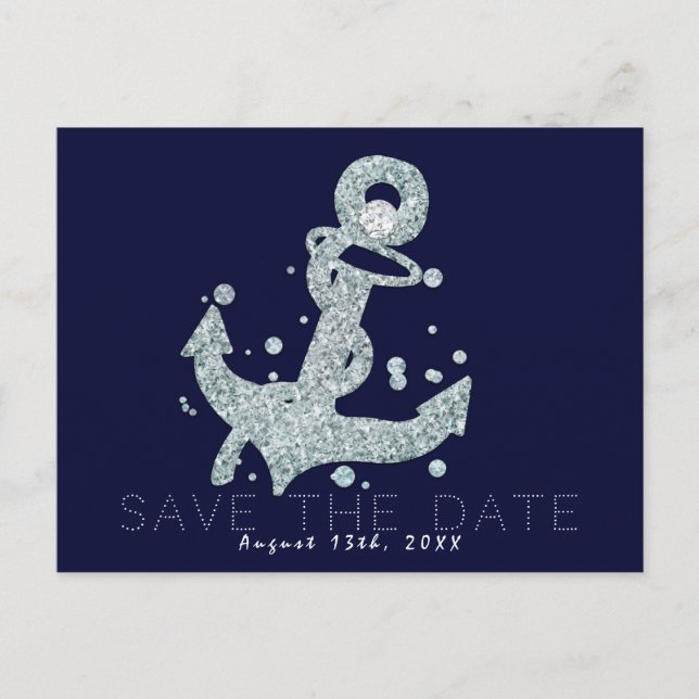 Nautical Diamond Anchor Bling Glam Save the Date Announcement Postcard (Front)