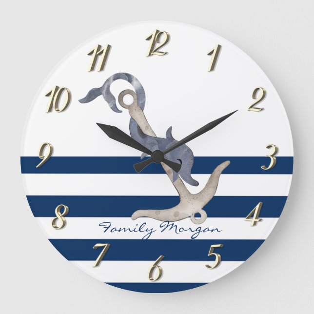 Nautical,Dolphin Anchor Blue Stripes  Large Clock (Front)
