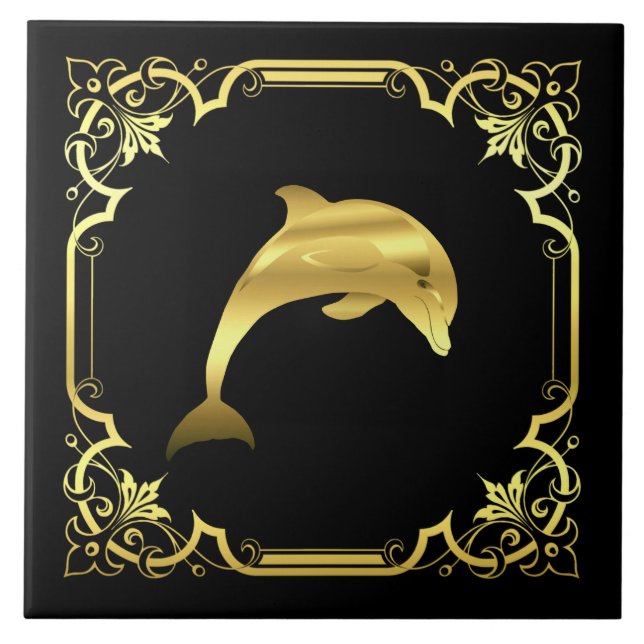 Nautical dolphin jumping silhouette/gold/black ceramic tile (Front)