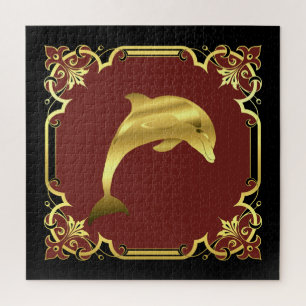 Nautical dolphin silhouette/gold/black/red jigsaw puzzle