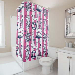 Nautical Doodles – Hot Pink & Navy Coastal Stripe Shower Curtain
