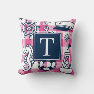 Nautical Doodles – Hot Pink Navy Gingham Monogram Cushion
