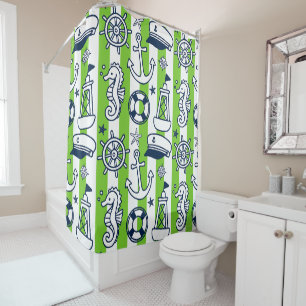 Nautical Doodles – Lime & Navy Coastal Stripe Shower Curtain