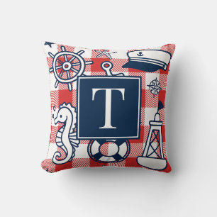 Nautical Doodles – Red & Navy Gingham Monogram Cushion