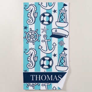 Nautical Doodles – Turquoise & Navy Coastal Stripe Beach Towel