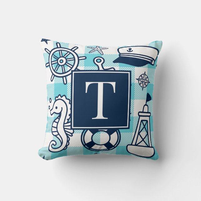 Nautical Doodles – Turquoise Navy Gingham Monogram Cushion (Front)