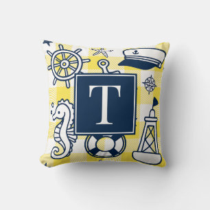 Nautical Doodles – Yellow & Navy Gingham Monogram Cushion