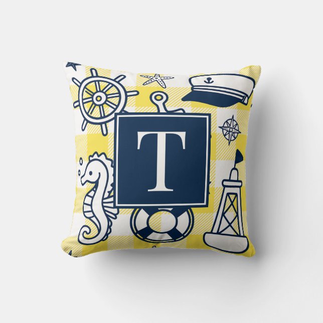 Nautical Doodles – Yellow & Navy Gingham Monogram Cushion (Front)