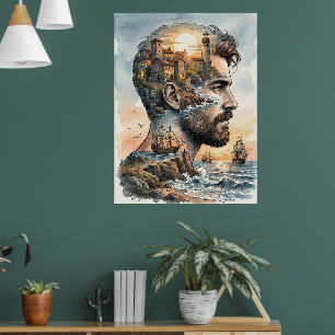 Nautical Double Exposure Watercolor Man Silhouette Poster