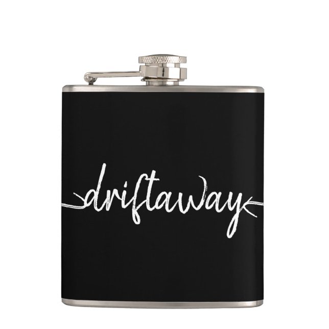 nautical DRIFT AWAY script lettering Hip Flask (Front)