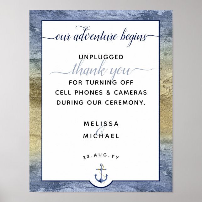 Nautical Dusty Blue & Gold Unplugged #Wedding Sign (Front)