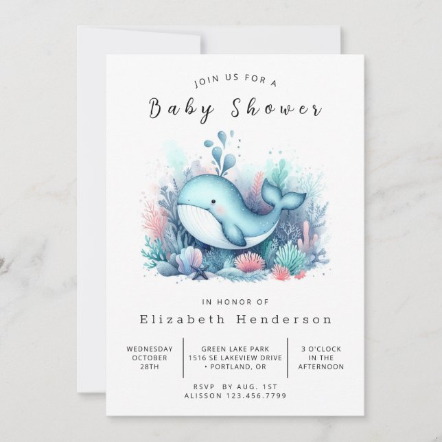 Nautical Editable Whale Baby Shower Invitation (Front)