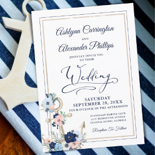 Nautical Elegant Floral Anchor Navy Gold Wedding Invitation