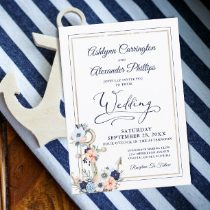 Nautical Elegant Floral Anchor Navy Peach Wedding Invitation