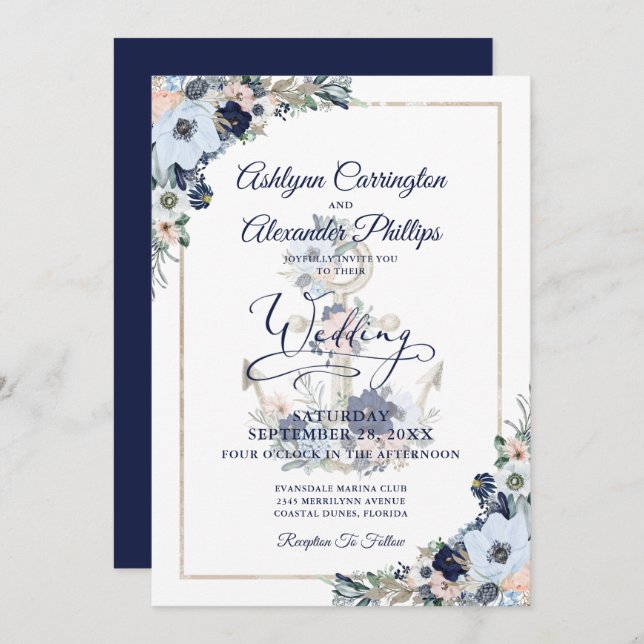 Nautical Elegant Floral Anchor Wedding Invitation (Front/Back)