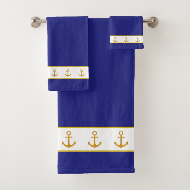 Nautical, Elegant, Golden Anchors on White & Blue Bath Towel Set (Insitu)